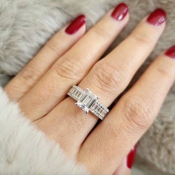 14k White Gold Diamond Ring Baguette & Emerald Cut Ring Band - Picture 4 of 10